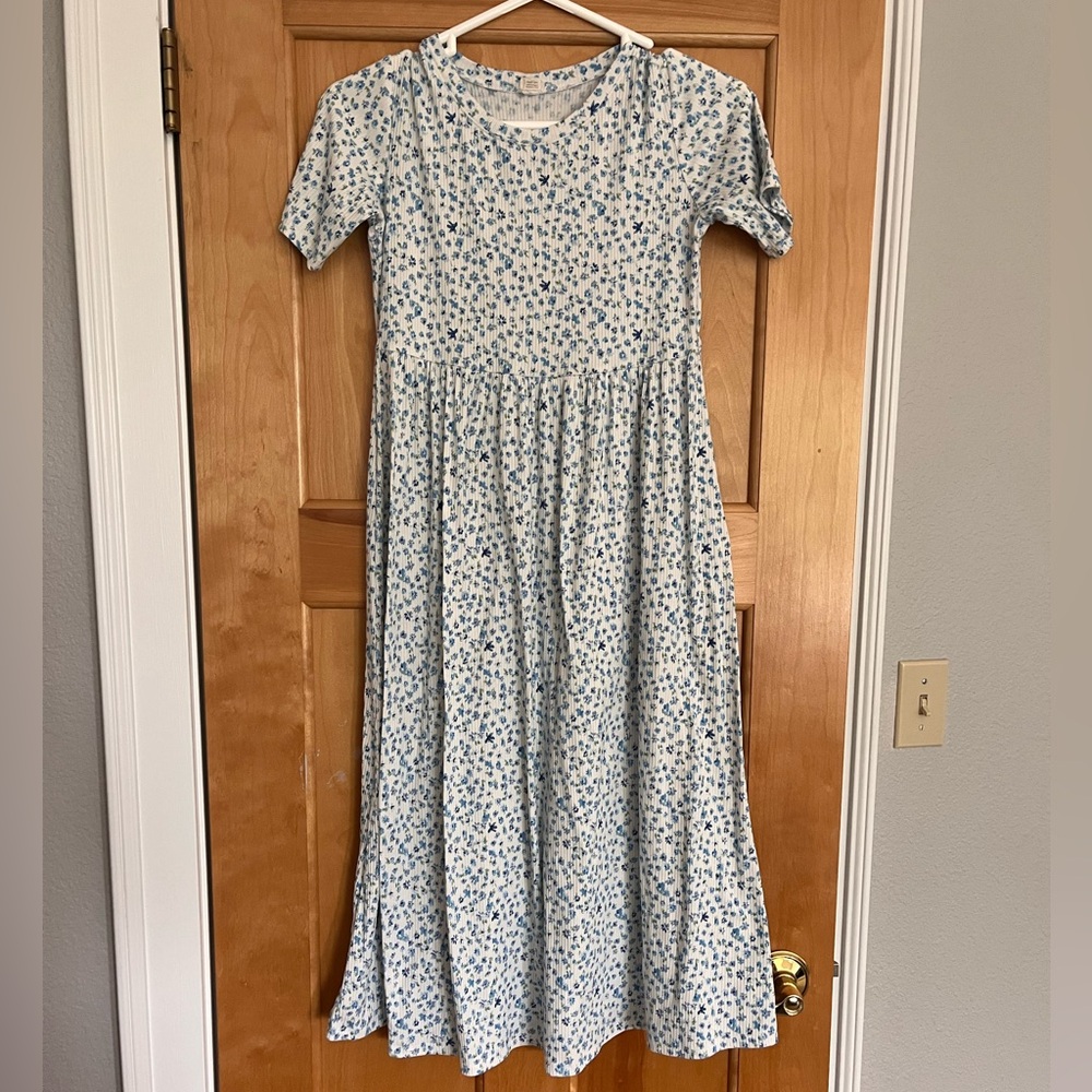 Blue Floral Girls Modest Maxi Dress Short Sleeves Size 12
